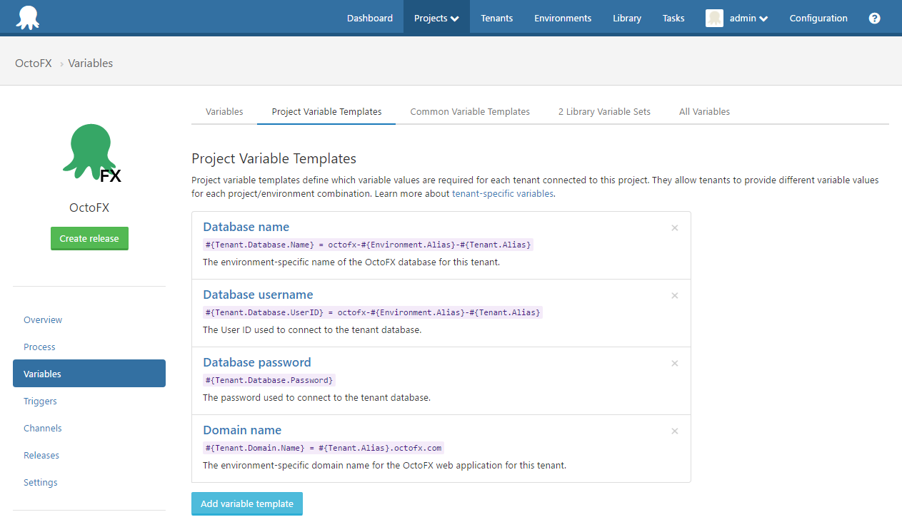 Octopus Deploy Project Variable Templates UI