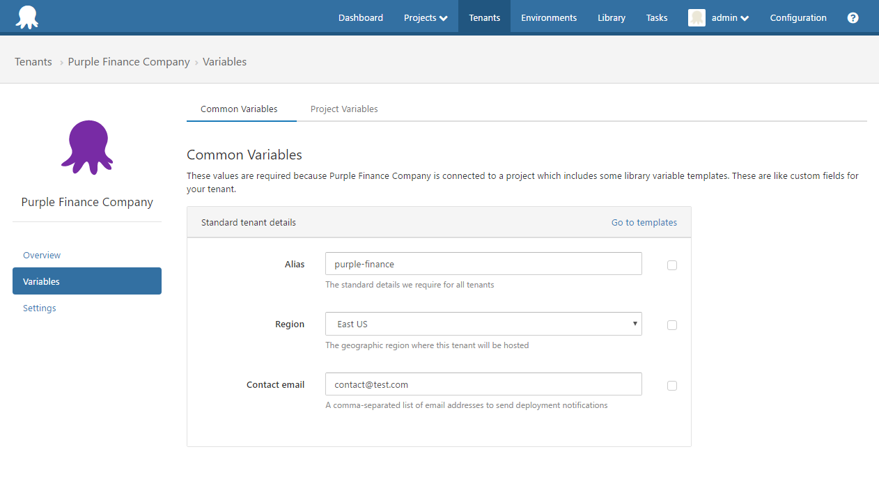 Octopus Deploy Tenant Common Variables UI