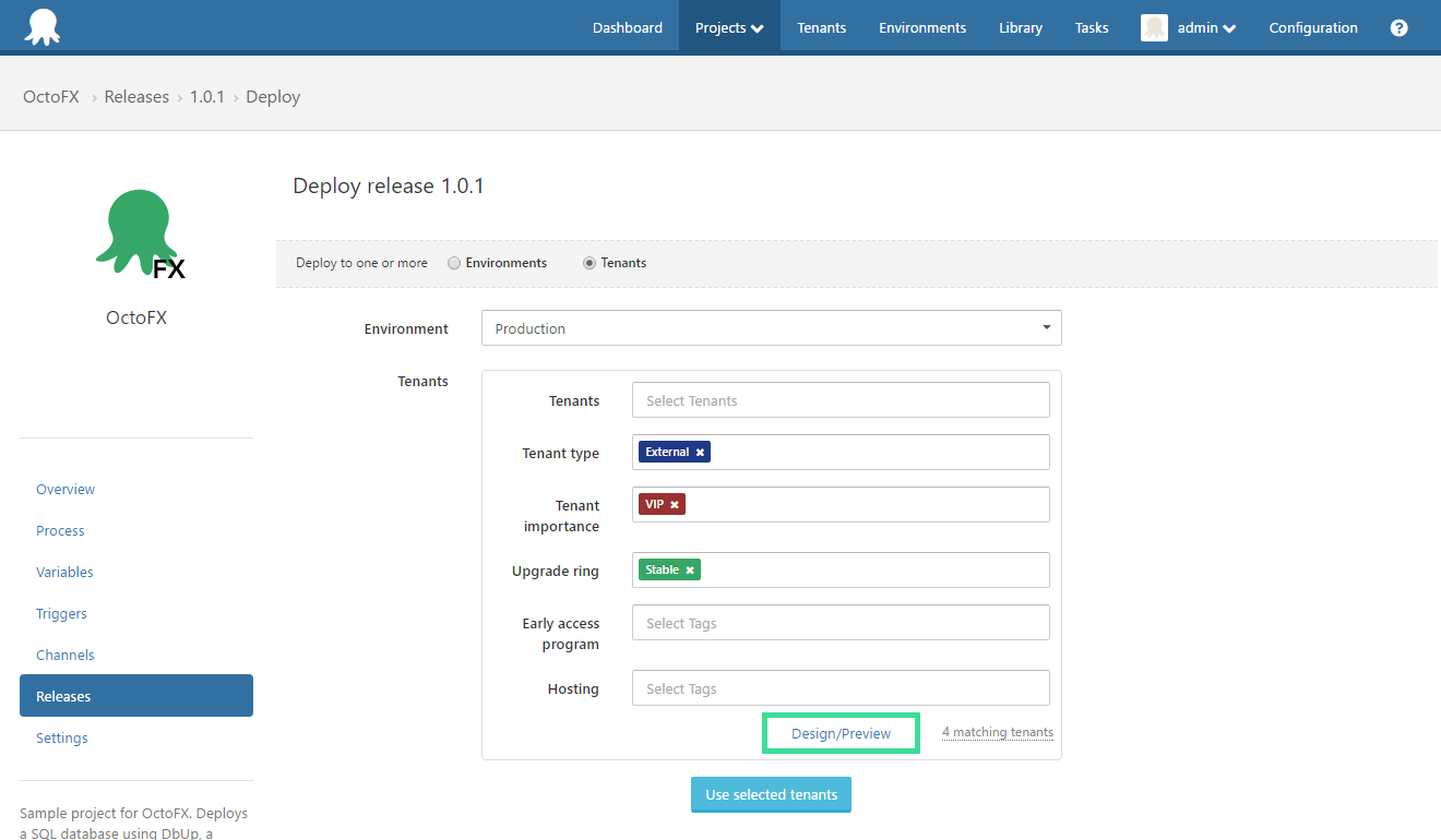 Octopus Deploy Tenant Designer Link UI
