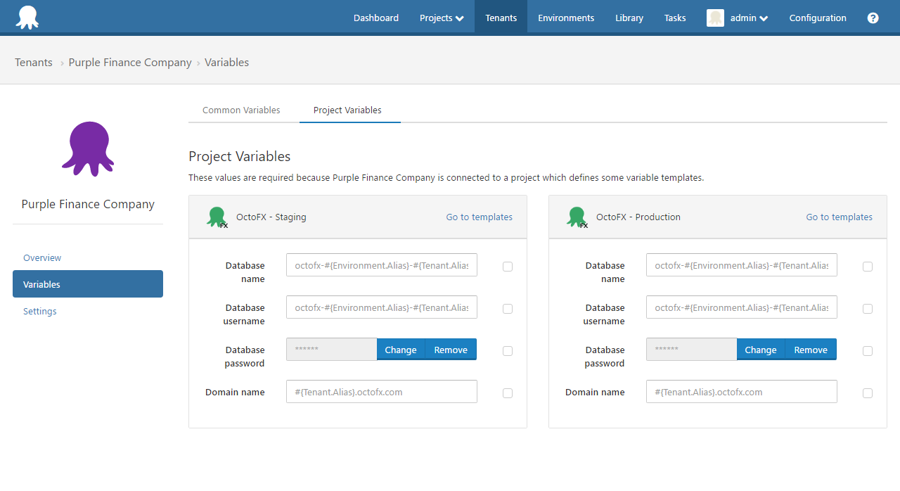 Octopus Deploy Project Variables UI