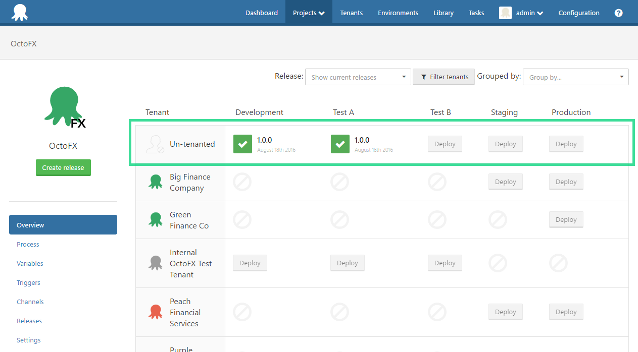 Octopus Deploy Tenants dashboard