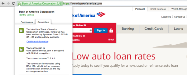 Bank of America website certificate
