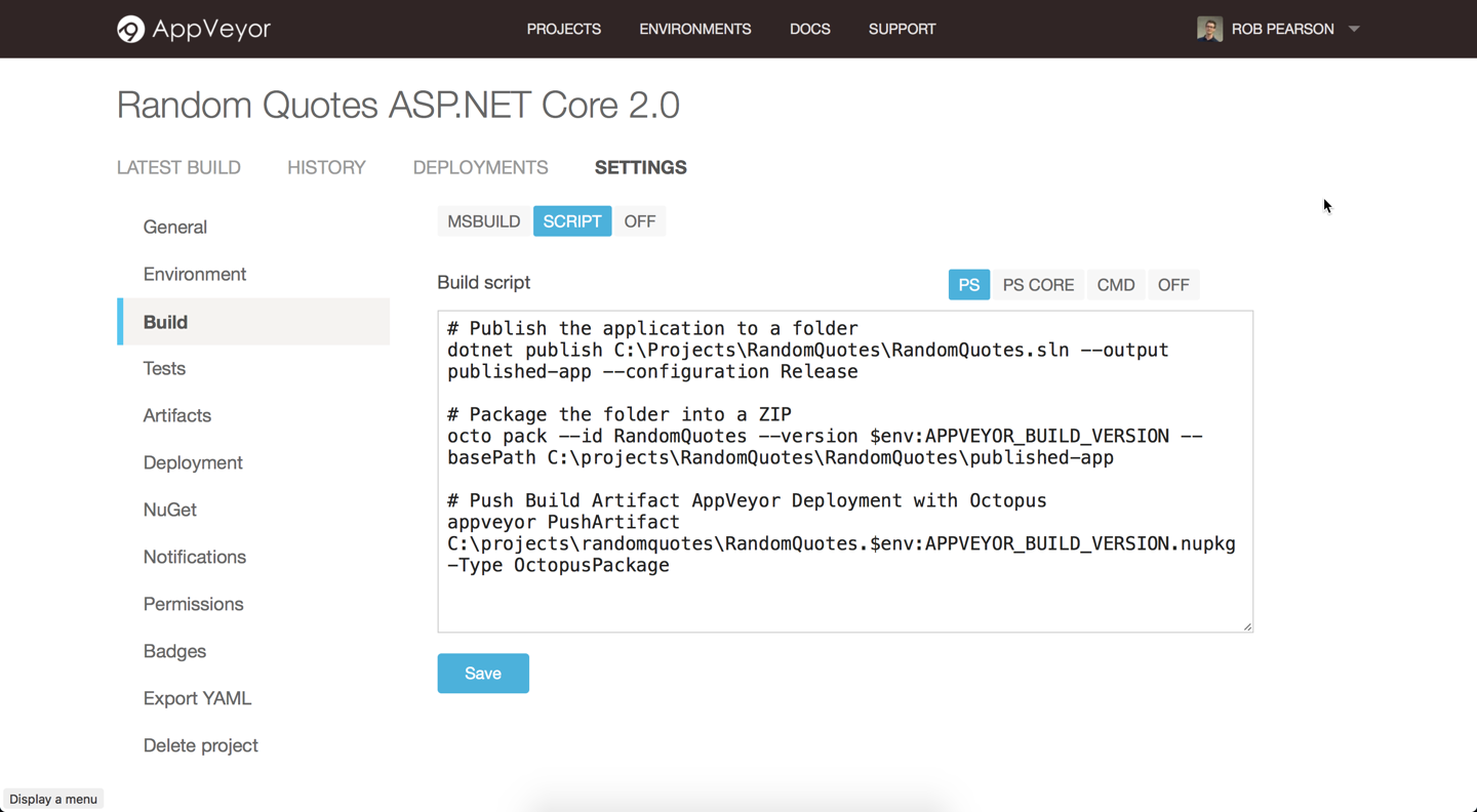 AppVeyor build settings