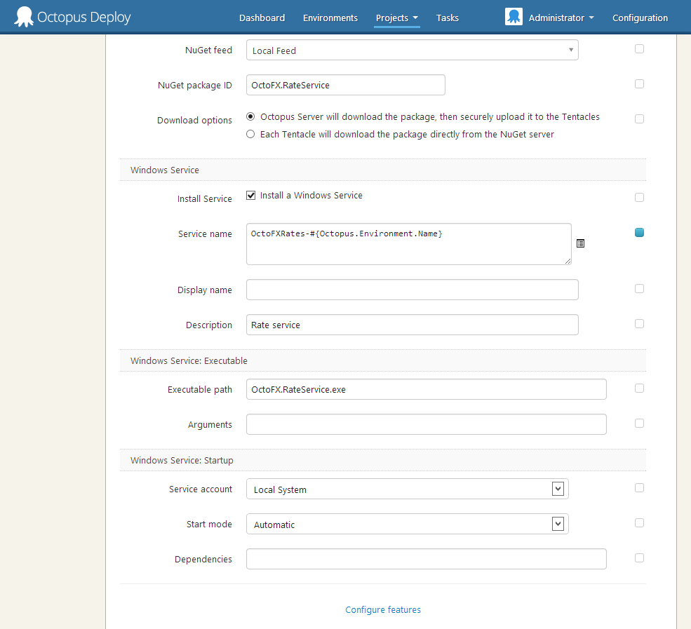 Windows Service configuration options